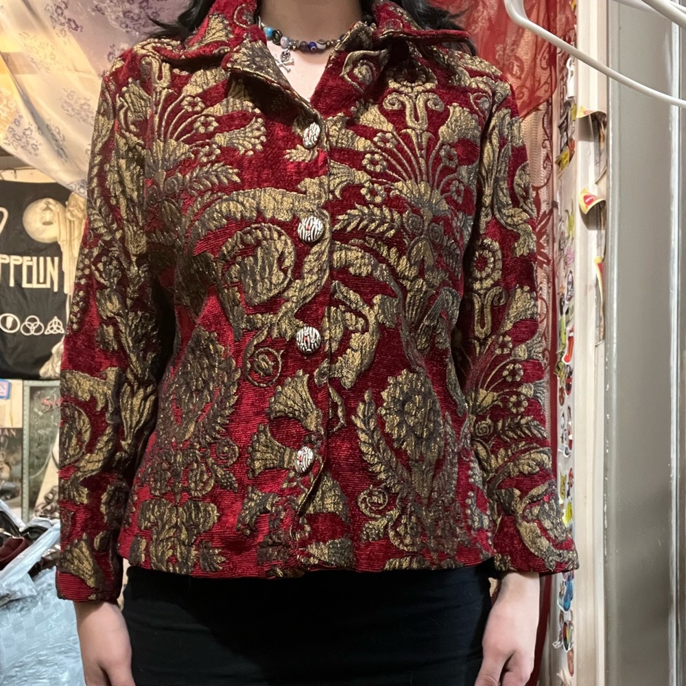 Gold/red velvet floral button up